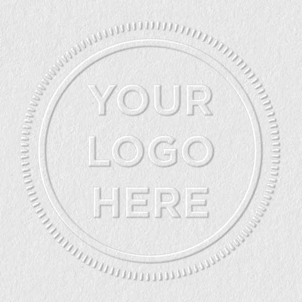 Close-up of the stamped logo impression on paper