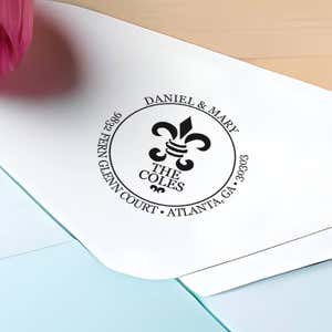 Fern Court Round Address Stamp impression close up on envelope