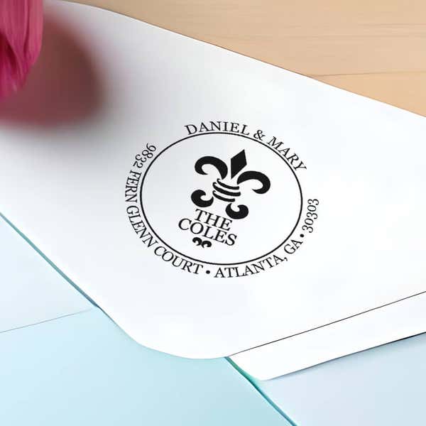 Fern Court Round Address Stamp impression close up on envelope