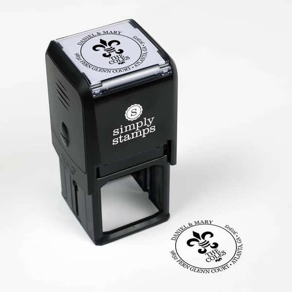 Fern Court Round Address Stamp impression next to self inking stamp body