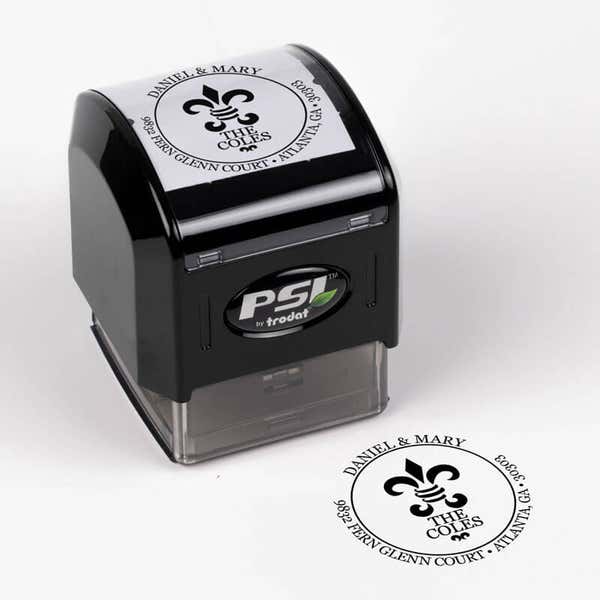 Fern Court Round Address Stamp impression next to pre inked stamp body