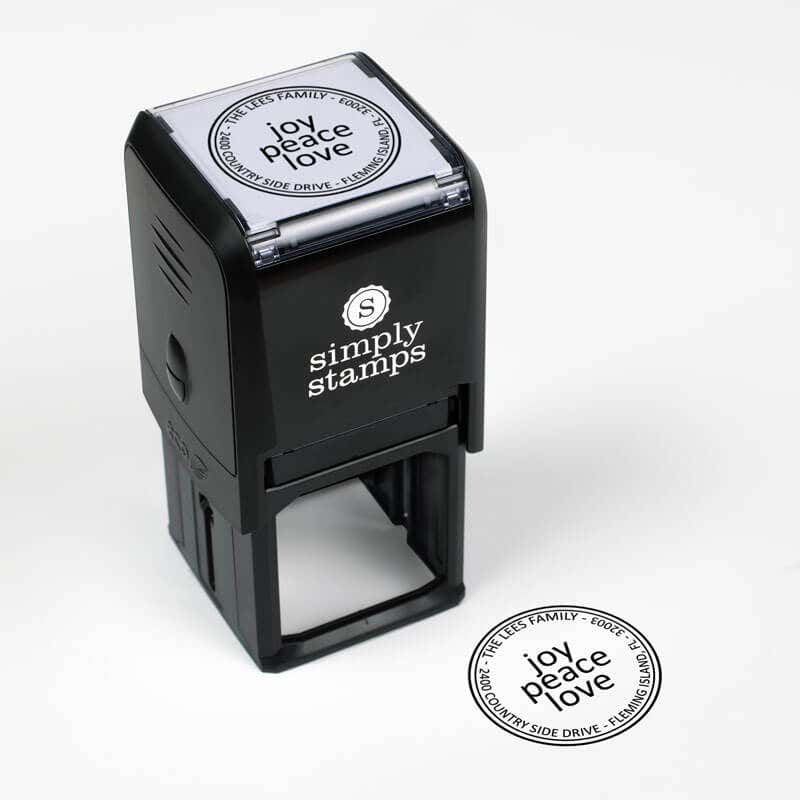 Joy Peace Love Round Address Stamp impression next to self inking stamp body