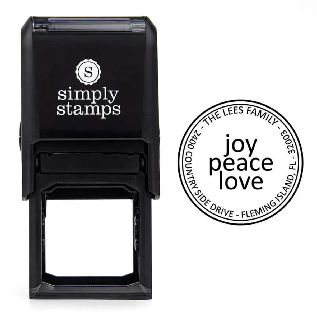 Joy Peace Love Round Address Stamp design over self inking stamp body