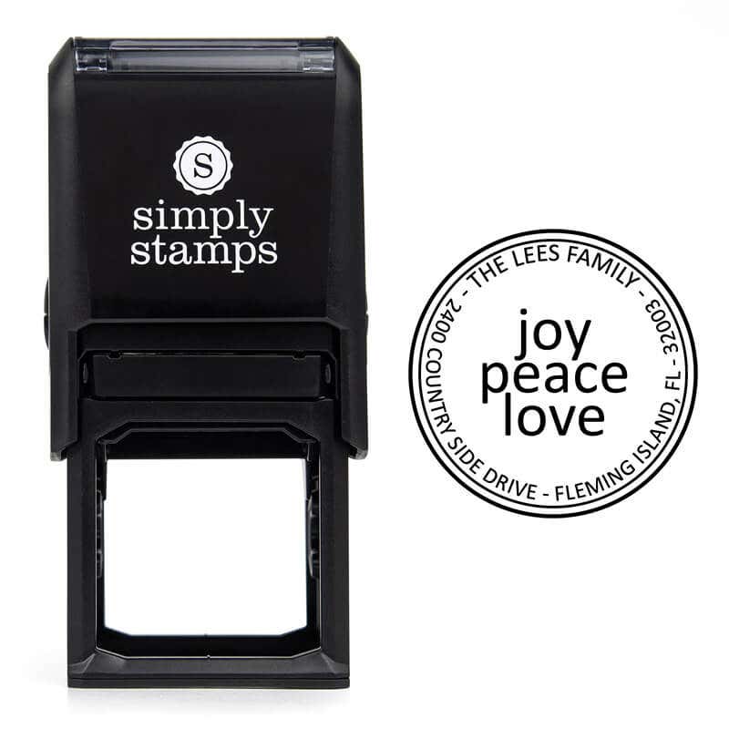 Joy Peace Love Round Address Stamp design over self inking stamp body