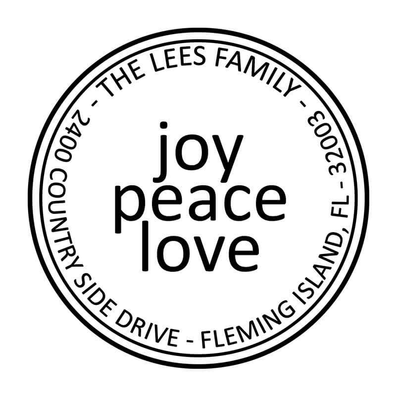 Joy Peace Love Round Address Stamp design on white background