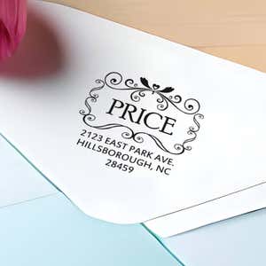 Price Curves Square Address Stamp impression close up on envelope