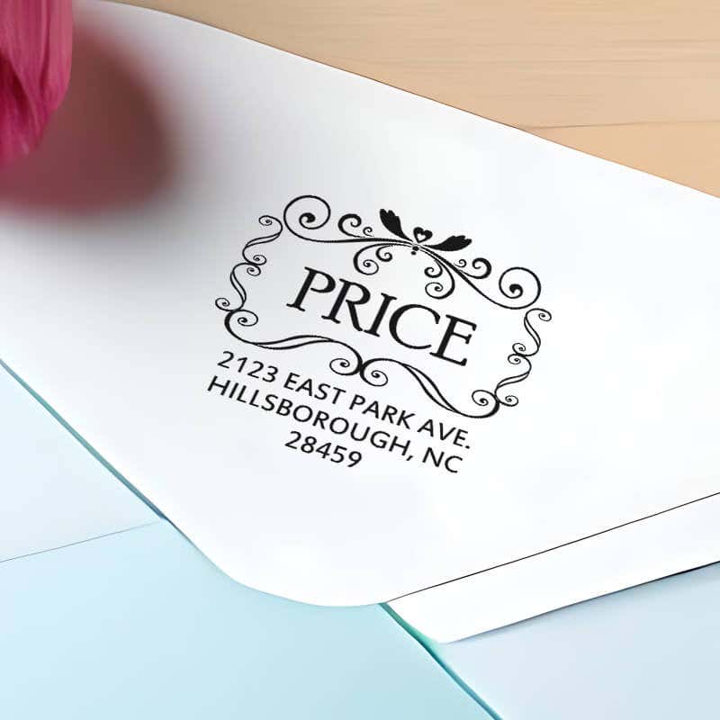 Price Curves Square Address Stamp impression close up on envelope