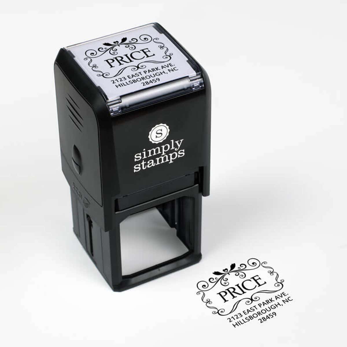 Price Curves Square Address Stamp impression next to self inking stamp body