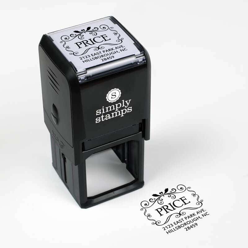 Price Curves Square Address Stamp impression next to self inking stamp body