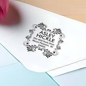 Hickle Curves Square Address Stamp impression close up on envelope