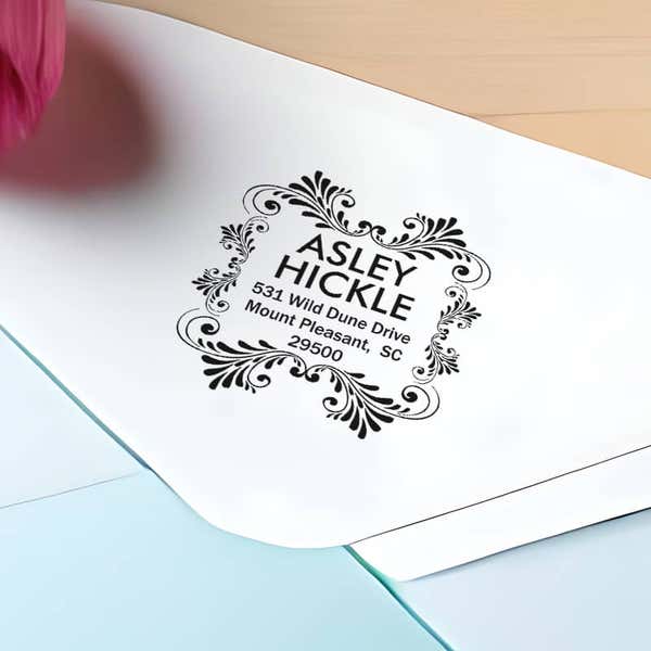 Hickle Curves Square Address Stamp impression close up on envelope