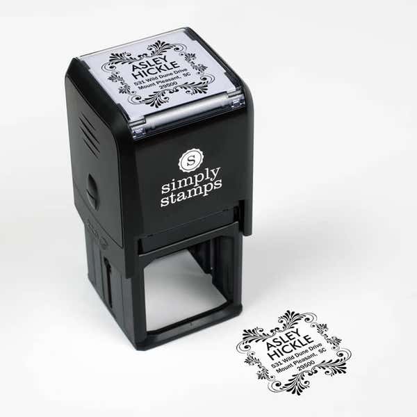 Hickle Curves Square Address Stamp impression next to self inking stamp body