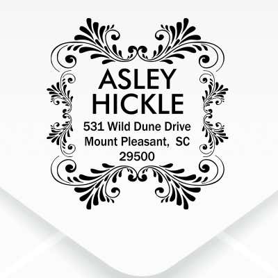 Hickle Curves Square Address Stamp design close up on an envelope