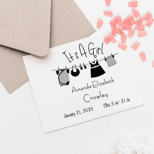 It's A Girl Clothes Line Rubber Stamp Imprint Example