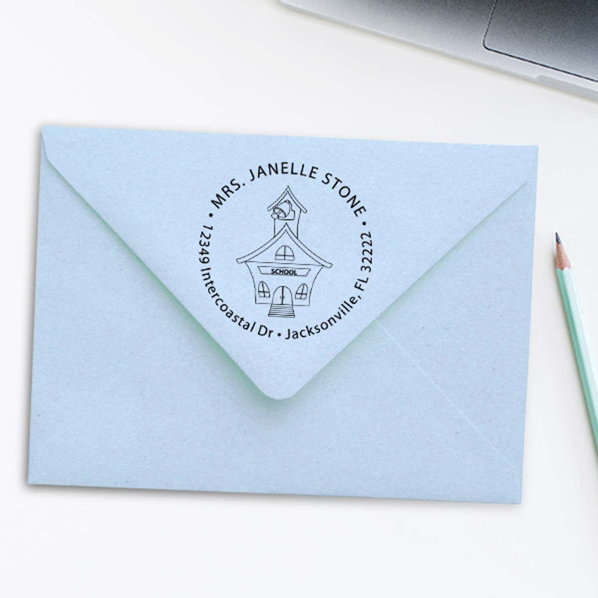 School House Round Teacher Rubber Stamp Imprint Example