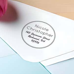 Sycamore Round Address Stamp impression close up on envelope