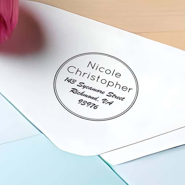Sycamore Round Address Stamp impression close up on envelope