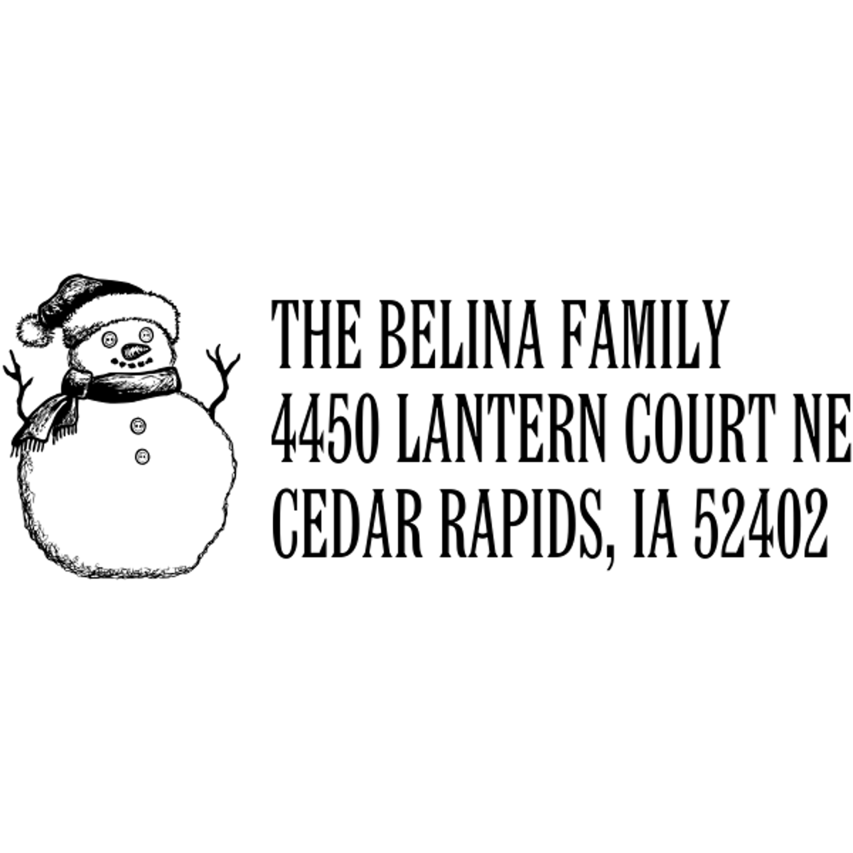 Holiday address stamp design featuring ‘Sketch Snowman’ with personalized family name and address.