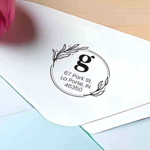 Elegant Botanical Monogram Address Stamp impression close up on envelope