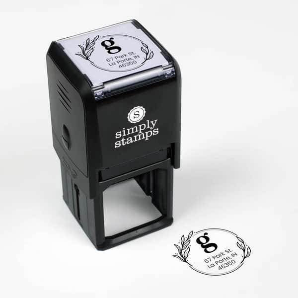 Elegant Botanical Monogram Address Stamp impression next to self inking stamp body