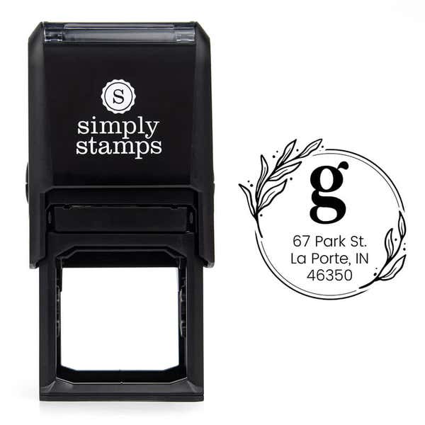 Elegant Botanical Monogram Address Stamp design over self inking stamp body