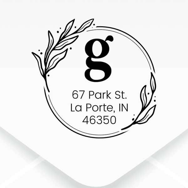 Elegant Botanical Monogram Address Stamp design close up on an envelope