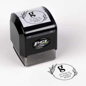 Elegant Botanical Monogram Address Stamp impression next to pre inked stamp body