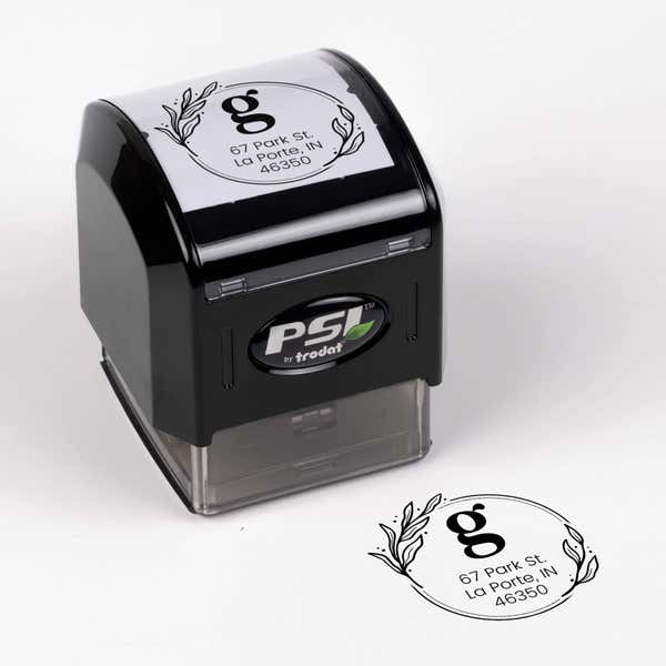 Elegant Botanical Monogram Address Stamp impression next to pre inked stamp body