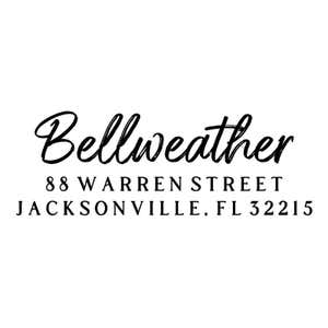 Brush Script Address Stamp design on white background