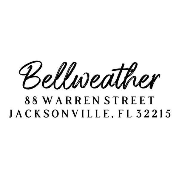 Brush Script Address Stamp design on white background