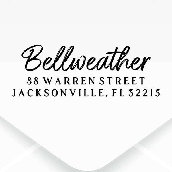 Brush Script Address Stamp design, close up on an envelope