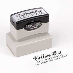 Brush Script Address Stamp impression next to pre inked stamp body