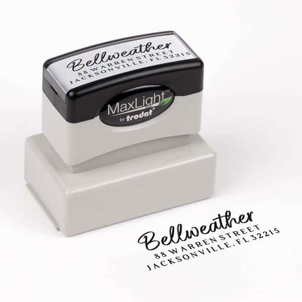 Brush Script Address Stamp impression next to pre inked stamp body