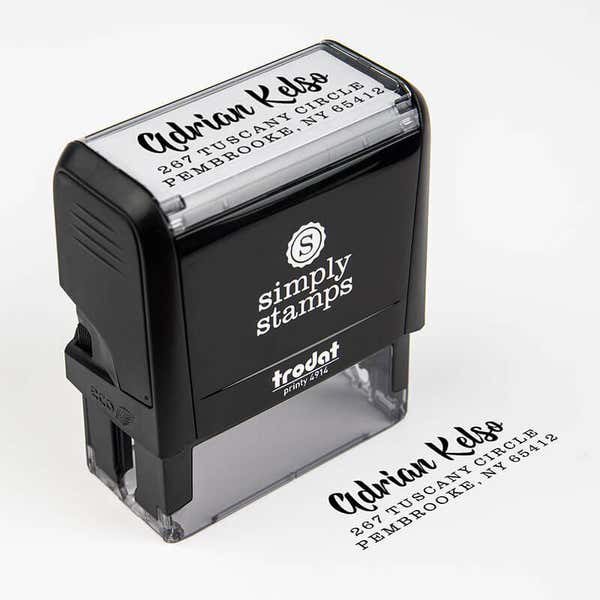 Bold Edgy Script Custom Return Address Stamp impression next to self inking stamp body