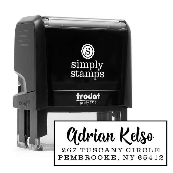 Bold Edgy Script Custom Return Address Stamp design over self inking stamp body