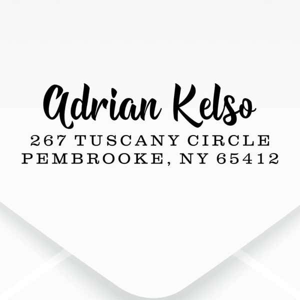 Bold Edgy Script Custom Return Address Stamp design, close up on an envelope