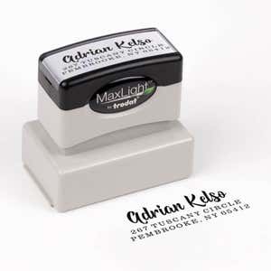 Bold Edgy Script Custom Return Address Stamp impression next to pre inked stamp body