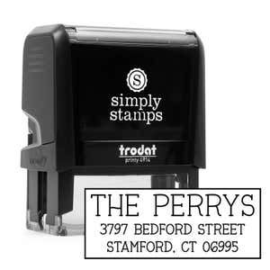 Humble Serif Custom Return Address Stamp design over self inking stamp body