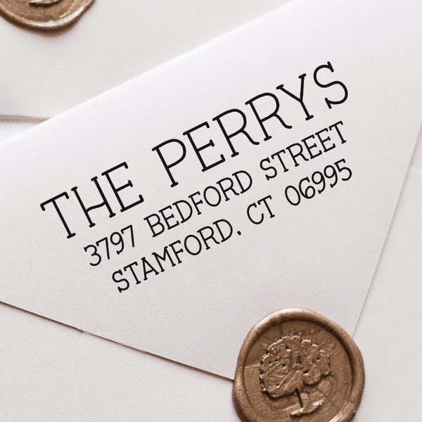 Humble Serif Custom Return Address Stamp impression close up on white envelope