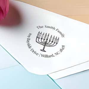 Menorah Round Custom Hanukkah Address Stamp impression close up on envelope
