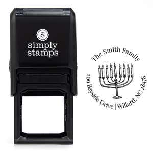 Menorah Round Custom Hanukkah Address Stamp design over self inking stamp body