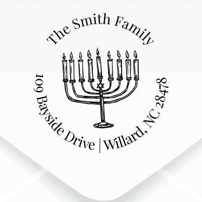 Menorah Round Custom Hanukkah Address Stamp design close up on an envelope