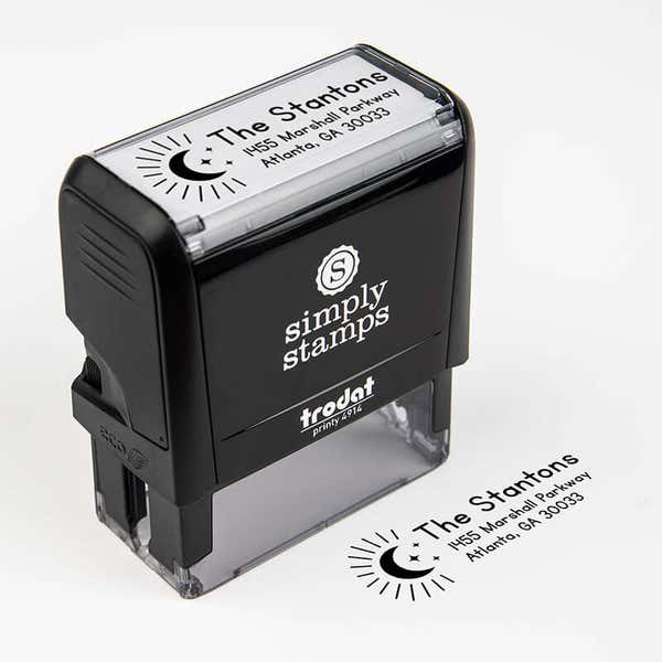 Moon and Stars Custom Return Address Stamp impression next to self inking stamp body