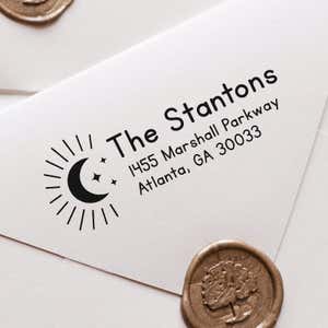 Moon and Stars Custom Return Address Stamp impression close up on white envelope