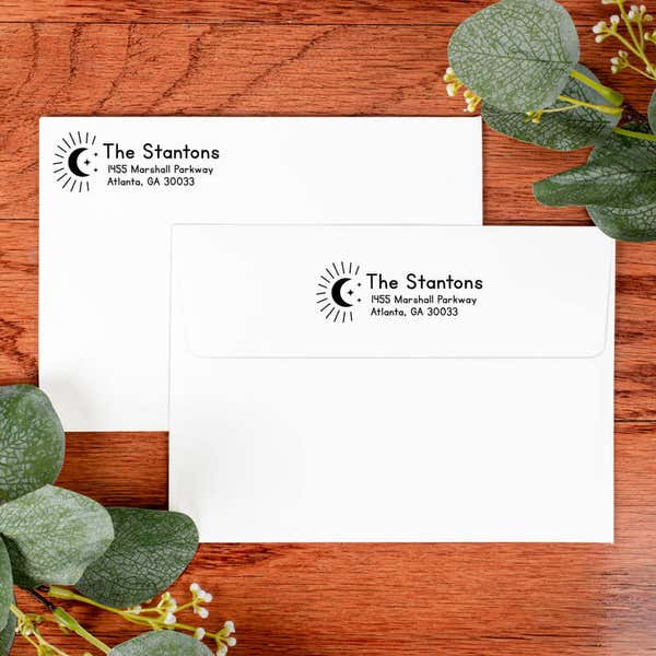 Moon and Stars Custom Return Address Stamp on front and back of two envelopes