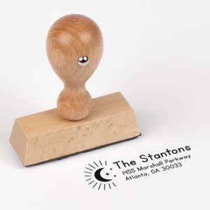 Moon and Stars Custom Return Address Stamp impression next to european stamp body