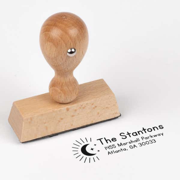 Moon and Stars Custom Return Address Stamp impression next to european stamp body