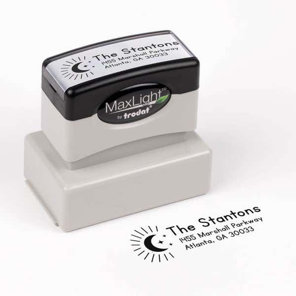 Moon and Stars Custom Return Address Stamp impression next to pre inked stamp body