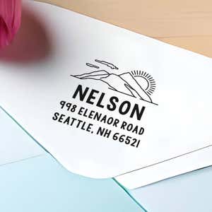 Mountain Custom Return Address Stamp impression close up on envelope