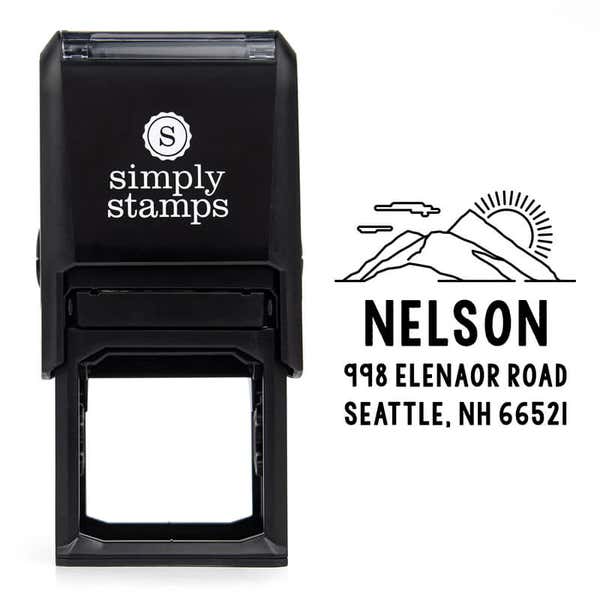 Mountain Custom Return Address Stamp design over self inking stamp body